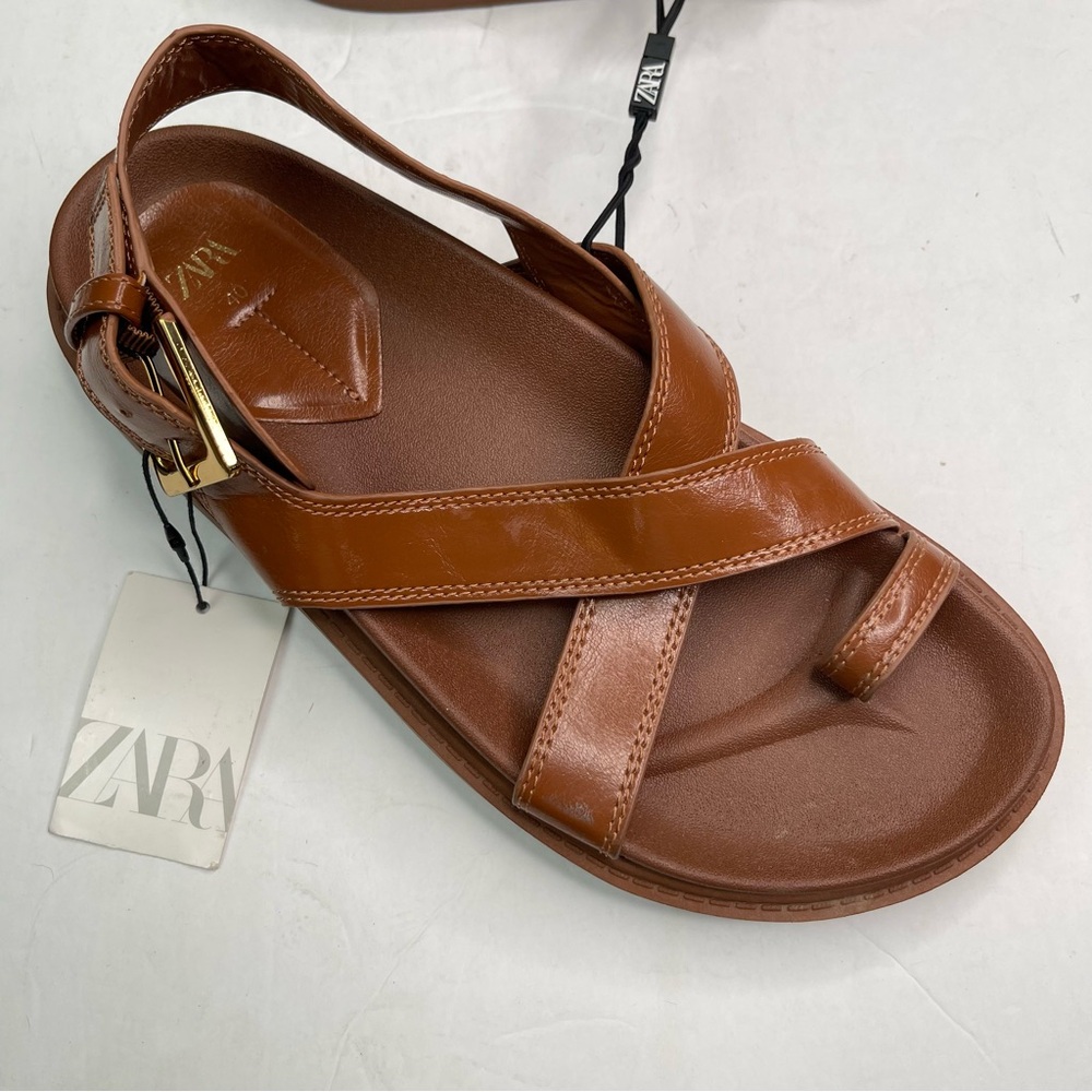 NWT Zara Cross Strap Flat Sandals Sz 40 Womens Us 9 Dark Tan Summer Spring